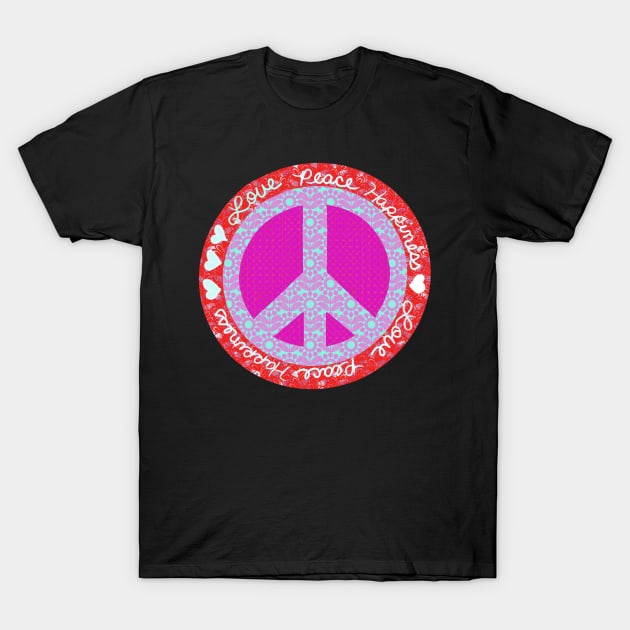 Peace Red Pink Light Blue with Hearts T-Shirt by Rosemarie Guieb Designs